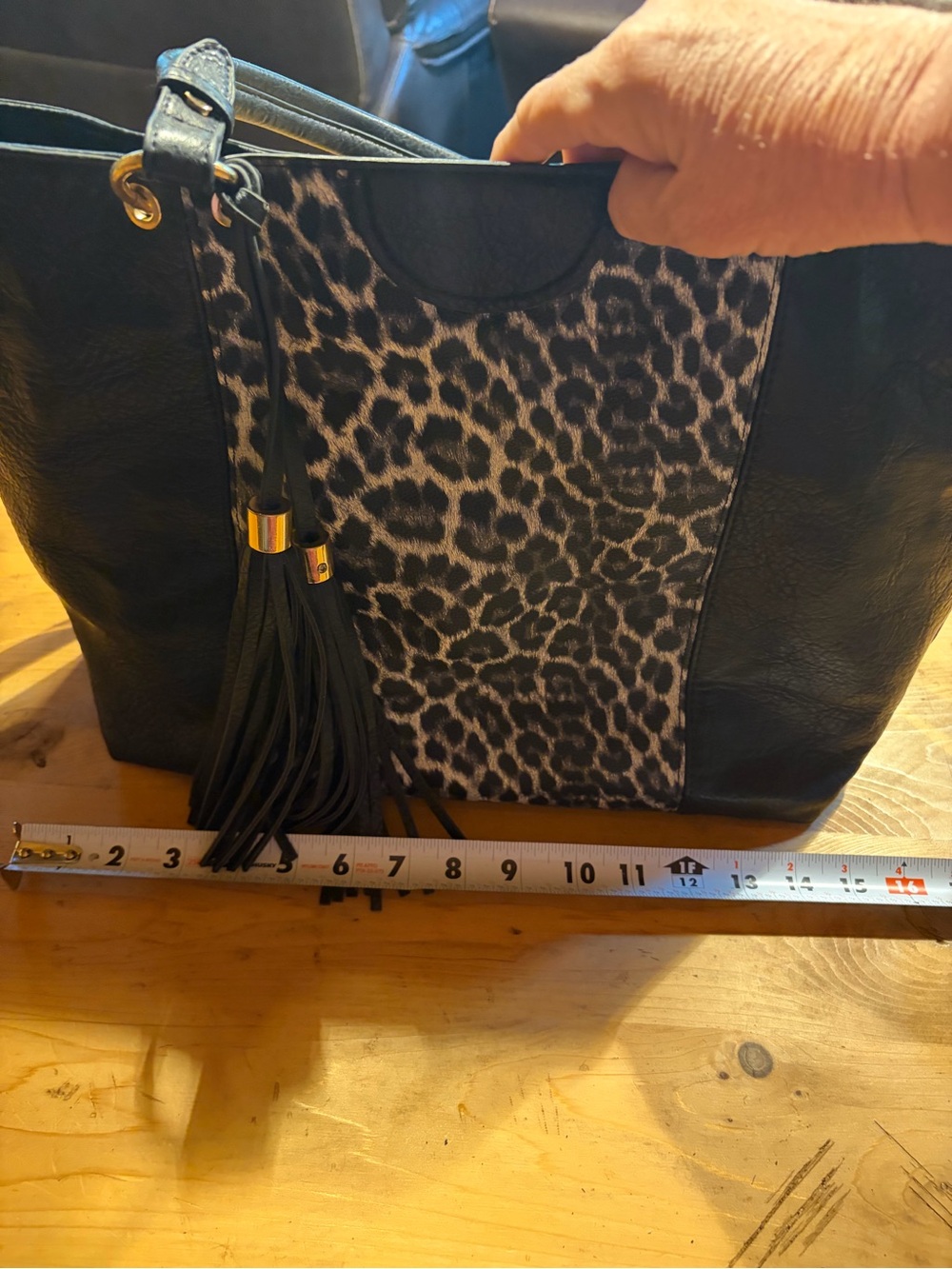 Black Leopard-Print Tote Bag with Tassel